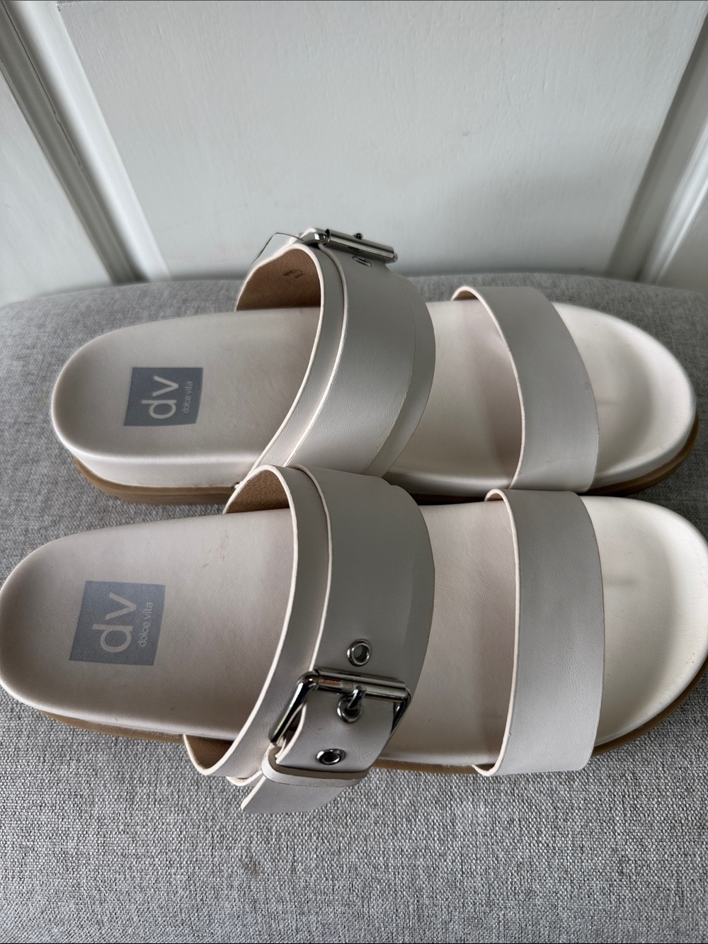 DV by Dolce Vita Cream Double Strap Slide Sandals with Silver Buckle